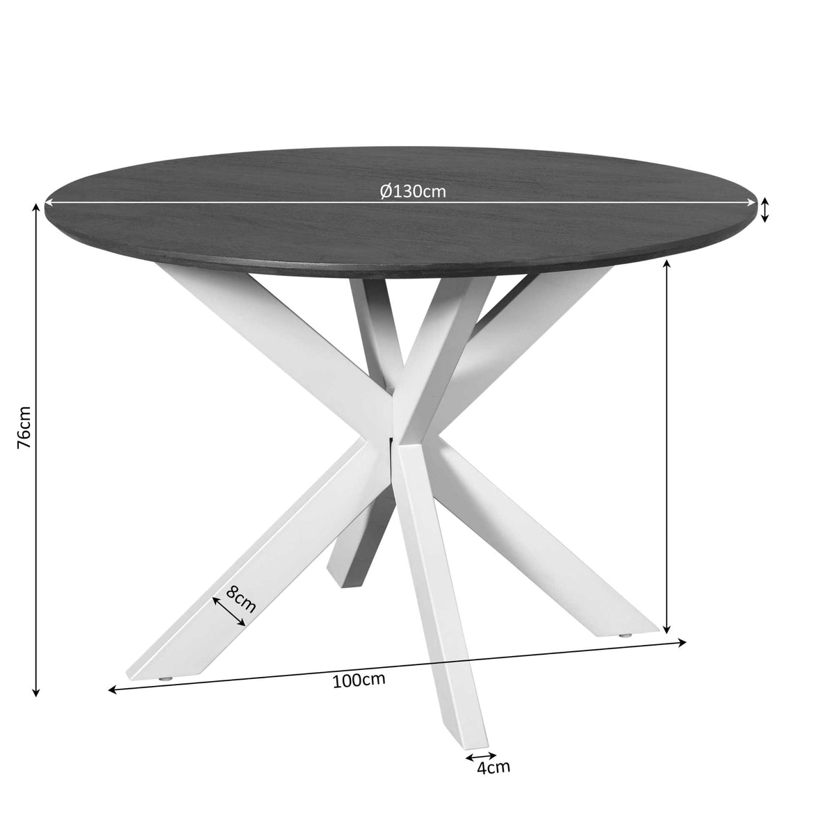 Ronde eettafel Ø130 cm, 75 cm hoog, bruin blad met zwart frame