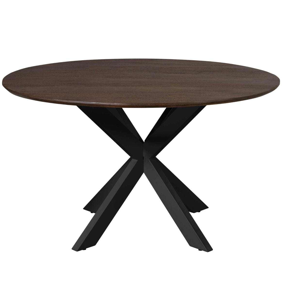 Ronde eettafel met bruin blad en zwart X-poten aan de onderzijde