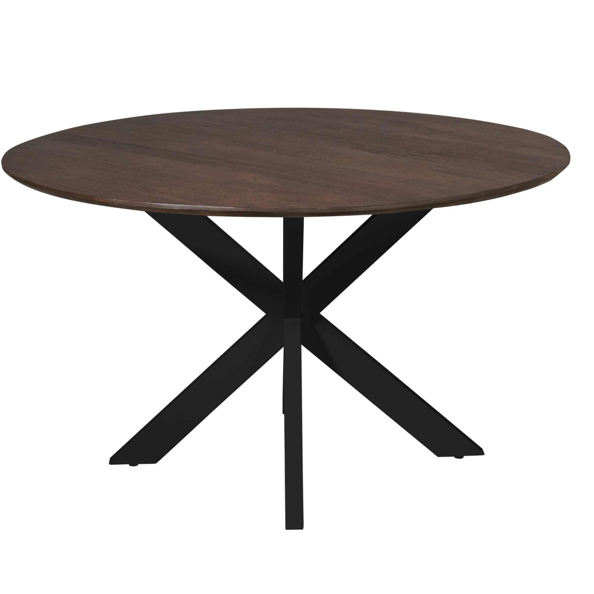 Eettafel met rond bruin blad en zwarte poten met centrale steun