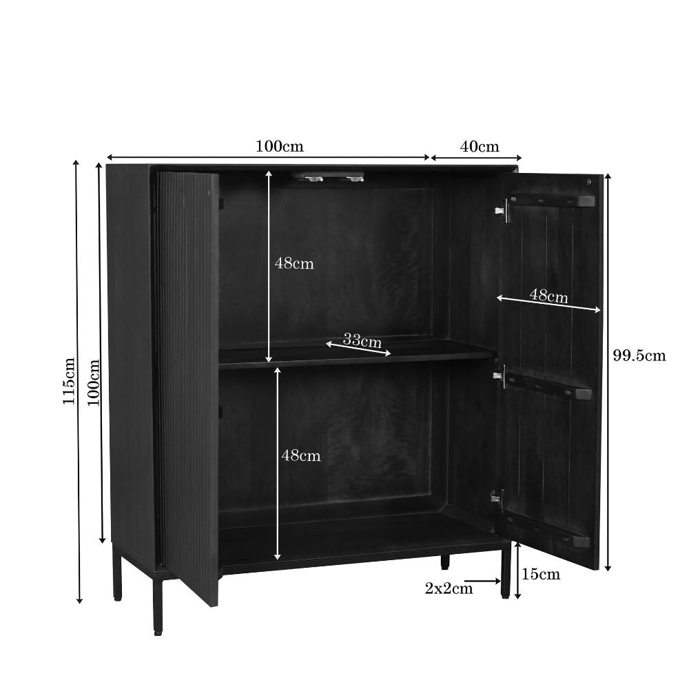 Afmetingen bruine mangohouten kast: 100×40×99,5 cm; hoogte 115 cm