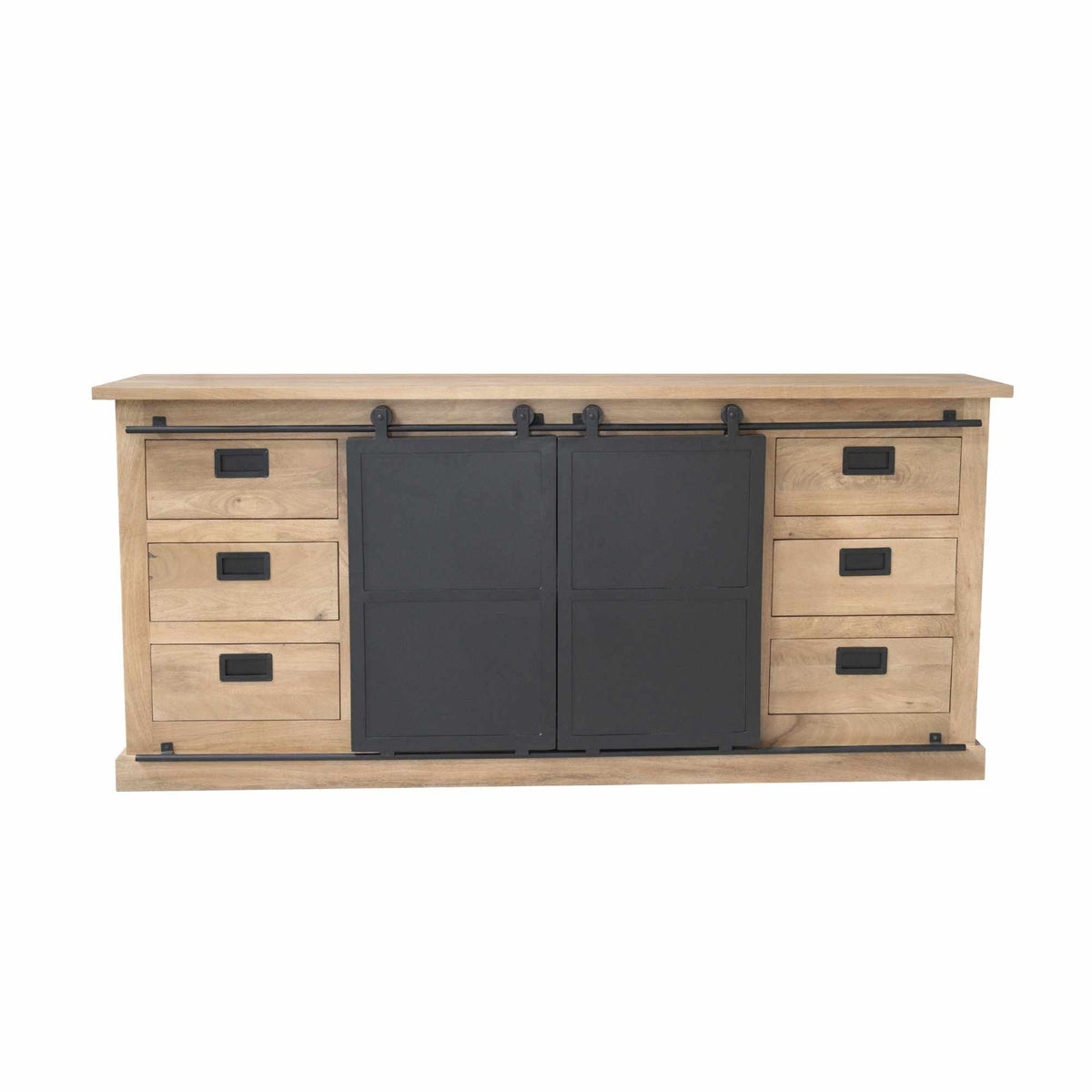 Dressoir Fresno met twee zwarte paneeldeuren, vier laden en houten zijkanten, 200 cm