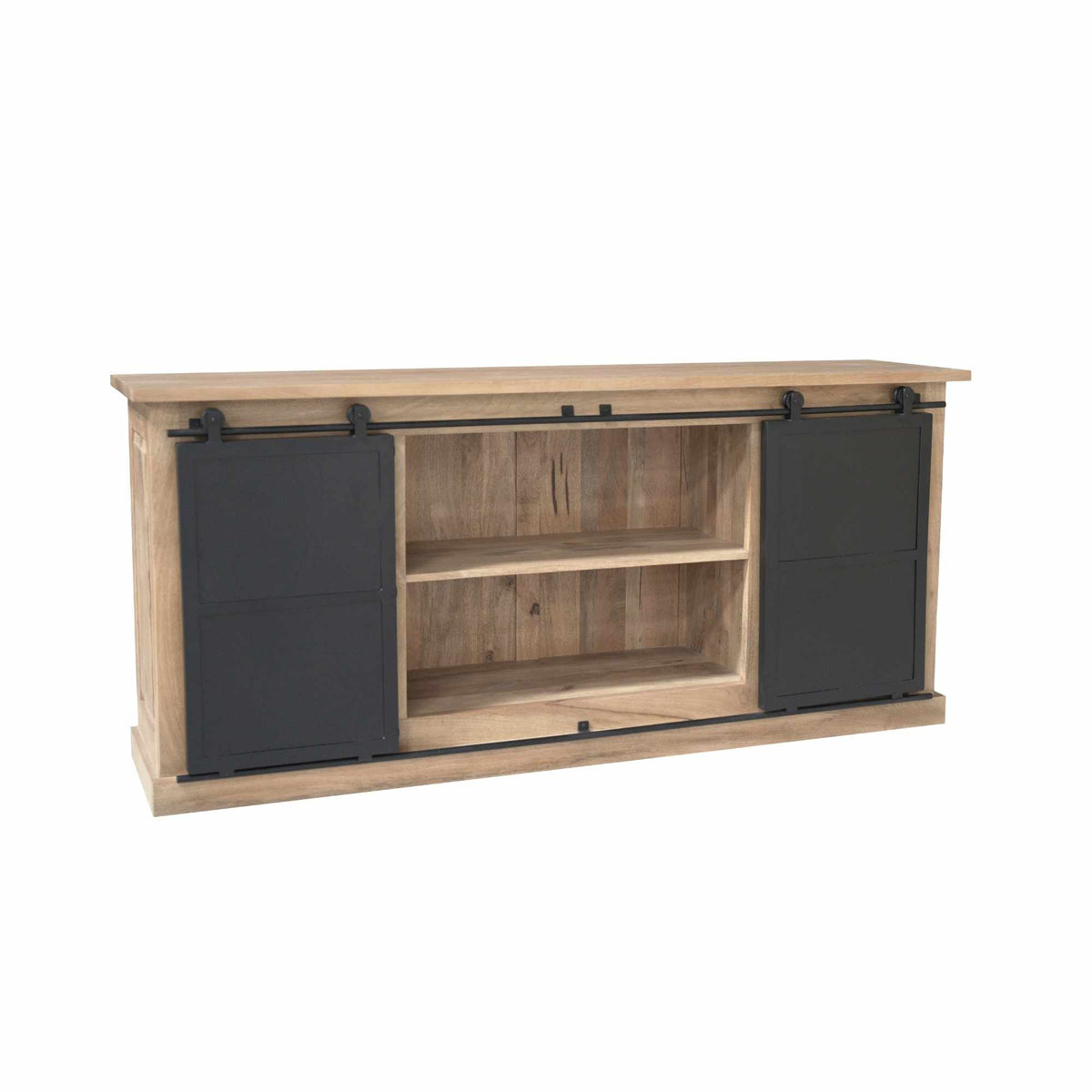 Dressoir Fresno met open deuren en twee legplanken, zwarte fronten, licht hout, 200 cm