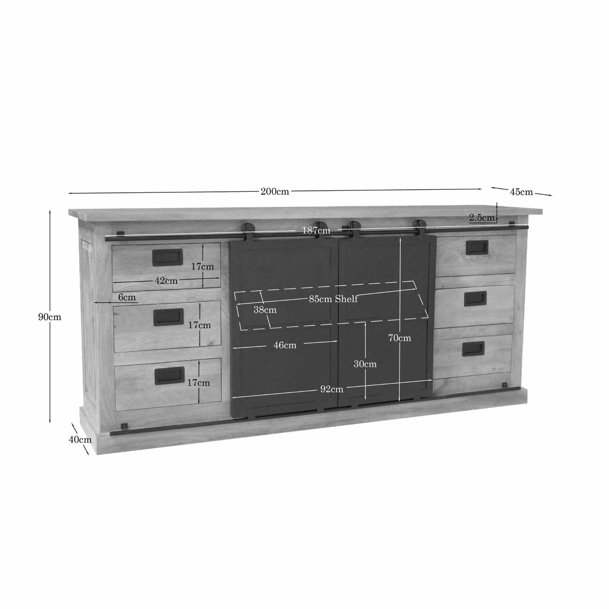 Dressoir Fresno maattekening: 200 cm breed, 90 cm hoog, 45 cm diep