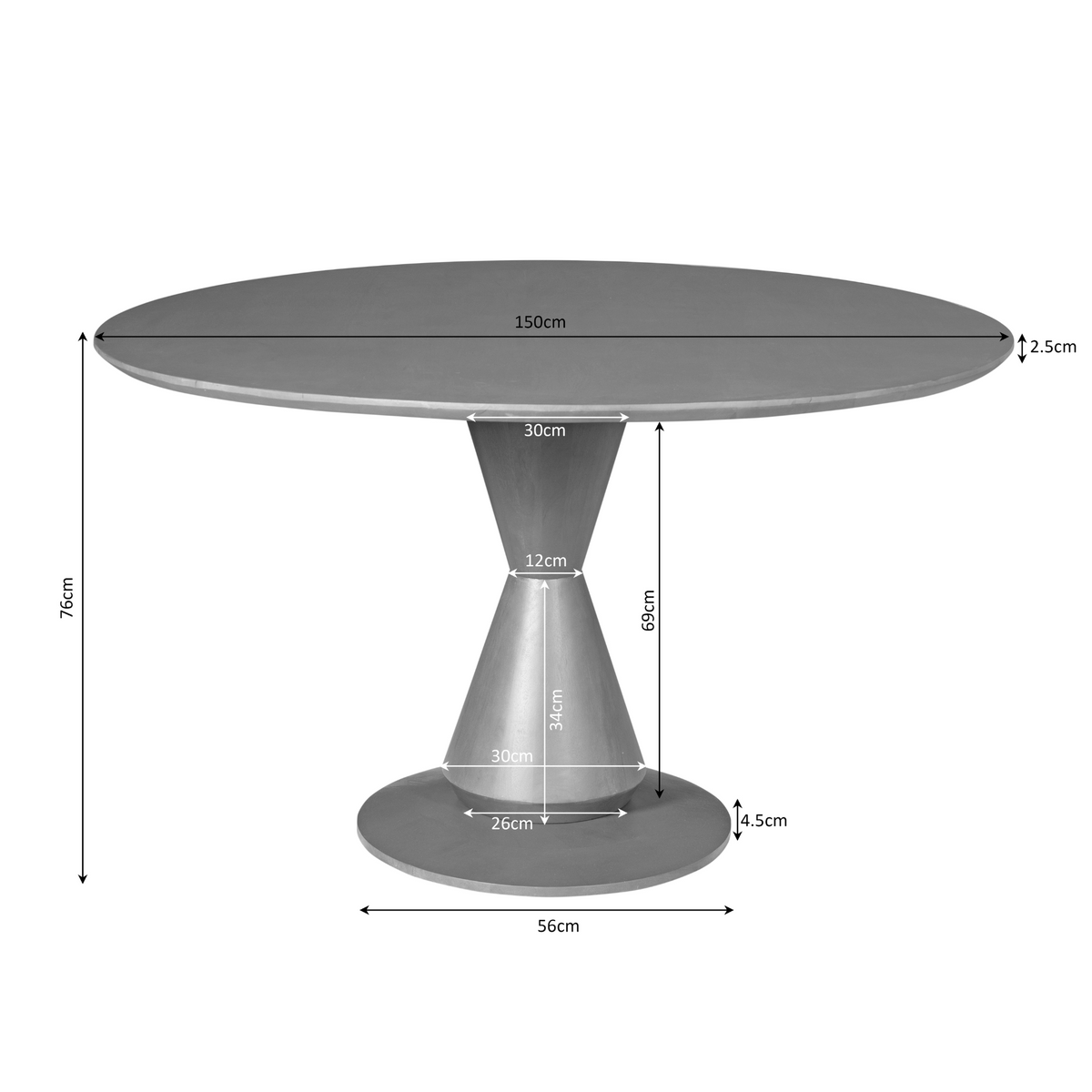 Ronde eettafel met afmetingen: 150 cm blad, 56 cm voet