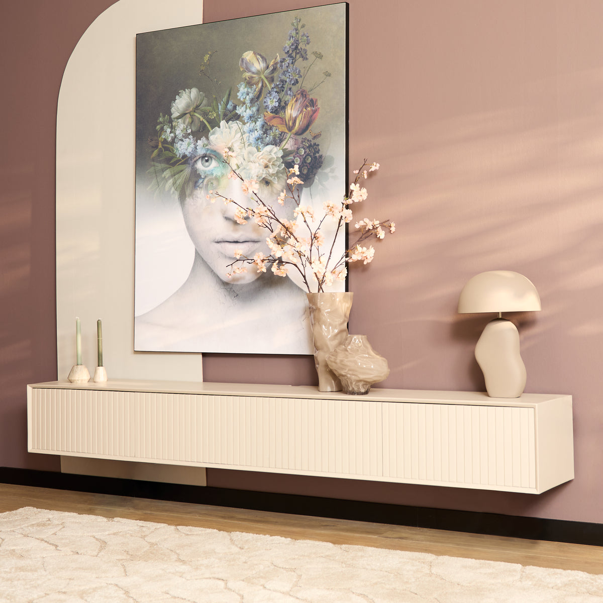 Zwevend tv-meubel zandkleur met lade en geribbelde fronten, 200 cm
