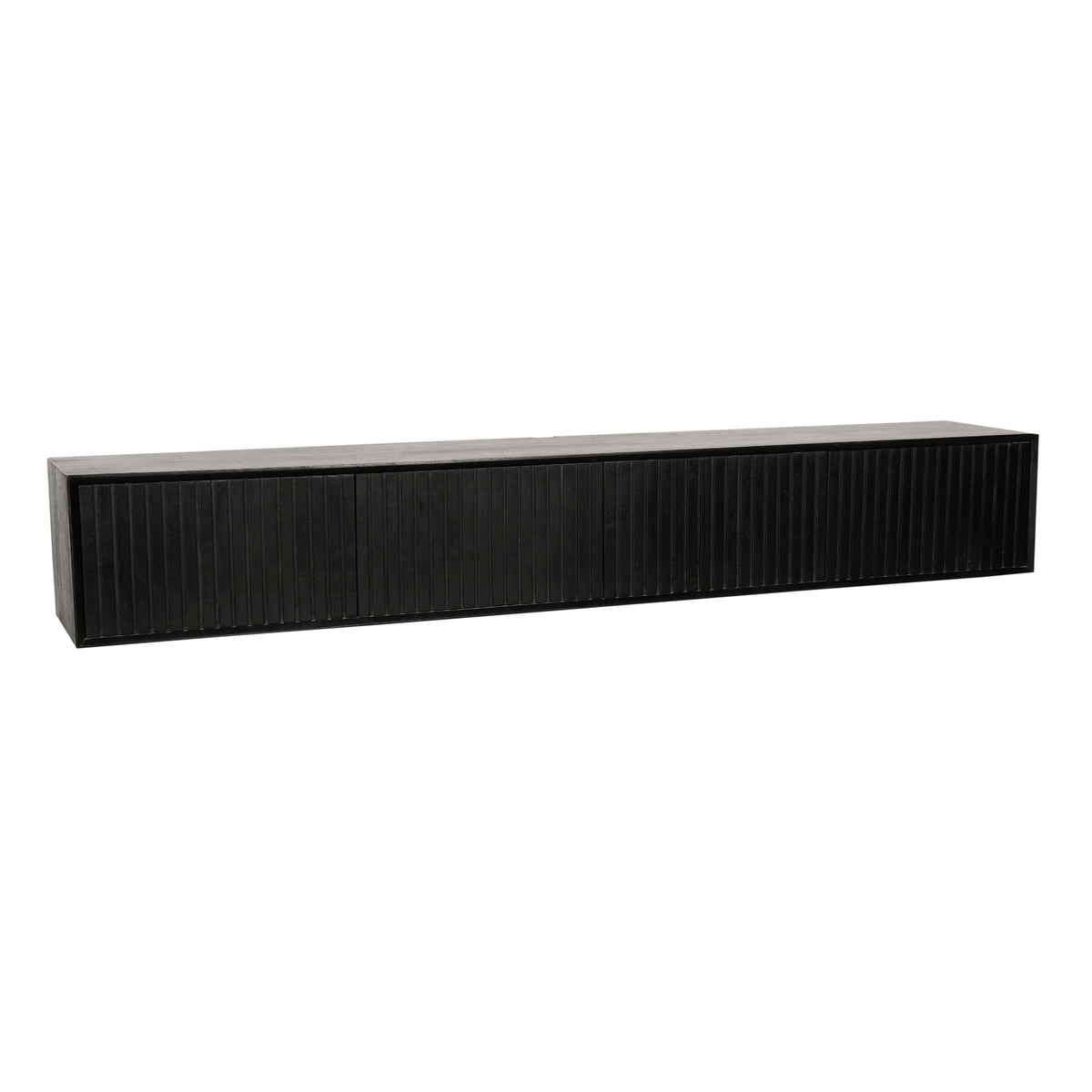 Zwart zwevend tv-meubel met lange ladefronten en verticale ribbels.