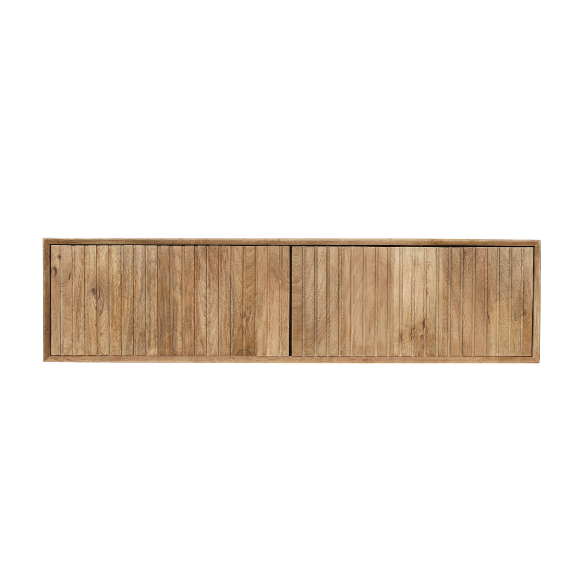 Zwevend tv-meubel met naturel houten frontpaneel en verticale lijnen over de lengte.