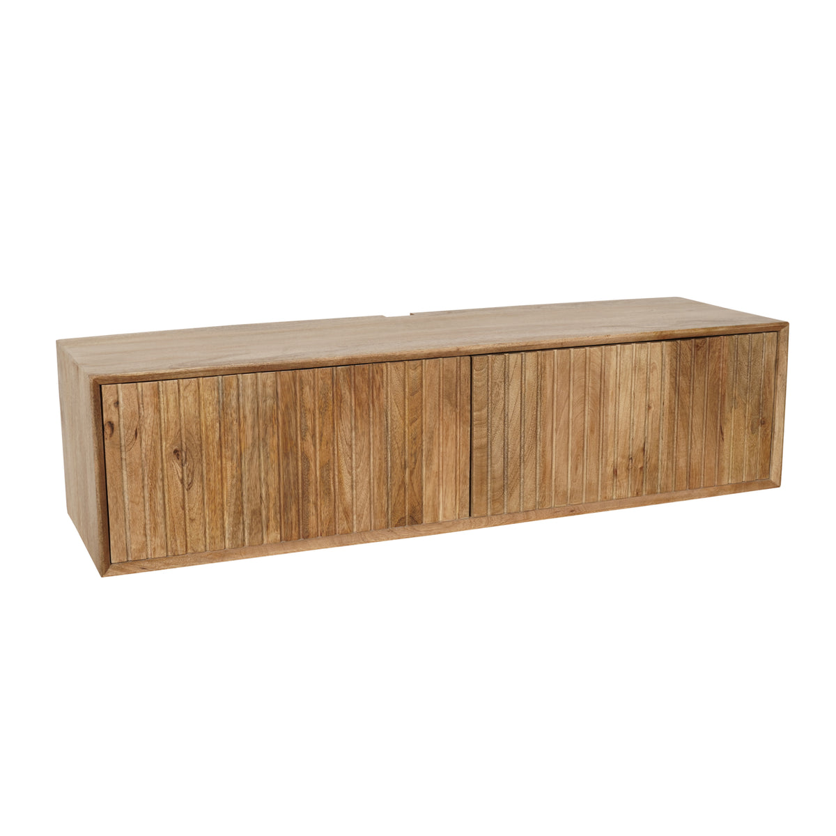 Zwevend tv-meubel van naturel hout met lang front en open vak aan de onderzijde.