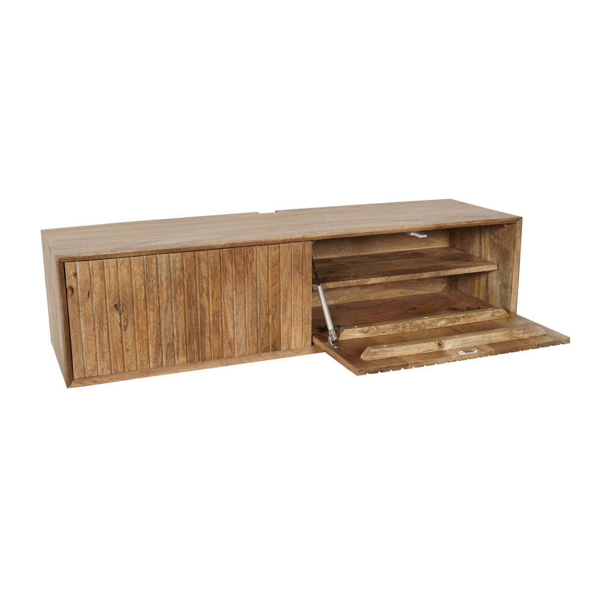 Zwevend tv-meubel met open deur en houten plankvakken aan de binnenkant.