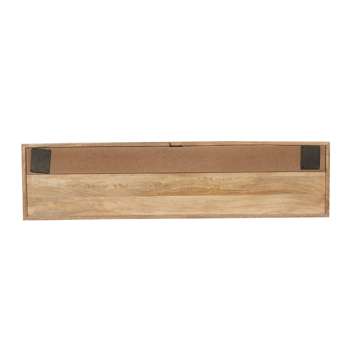 Zwevend tv-meubel, onderzijde met naturel hout en twee zwarte montagesteunen.