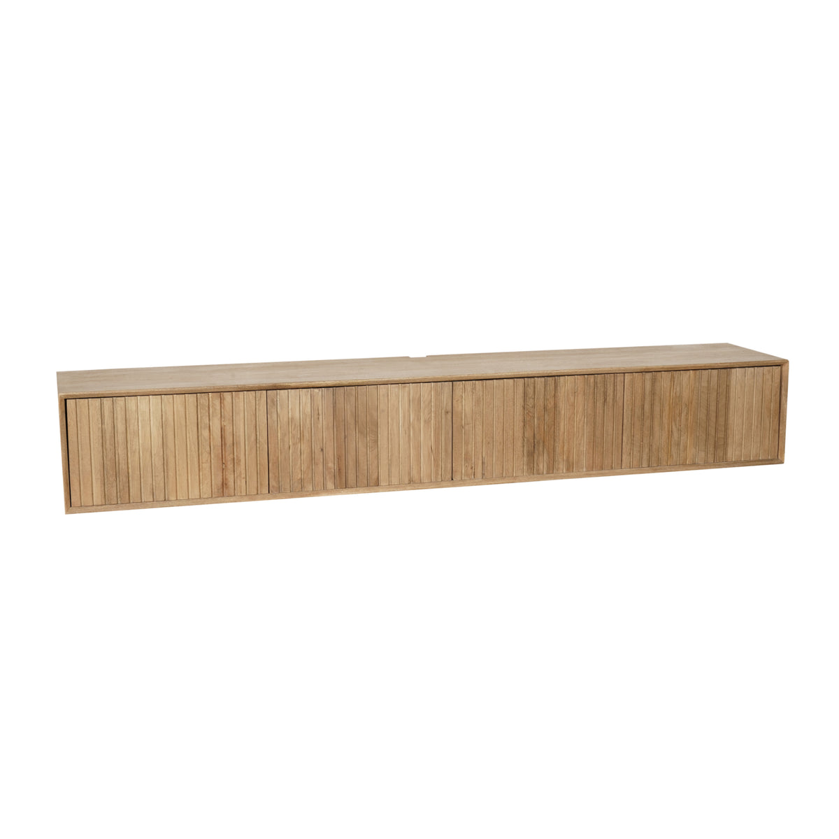 Zwevend tv-meubel naturel hout met rechthoekige frontindeling en lange bovenplaat