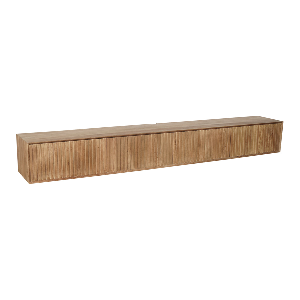 Zwevend tv-meubel van naturel hout, zijaanzicht van het slanke frame.