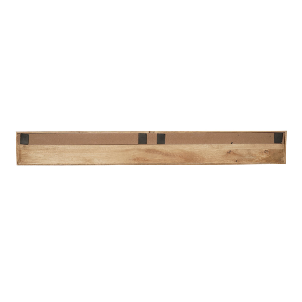 Zwevend tv-meubel: achterconstructie met houten latten en zwarte inzetstukken.