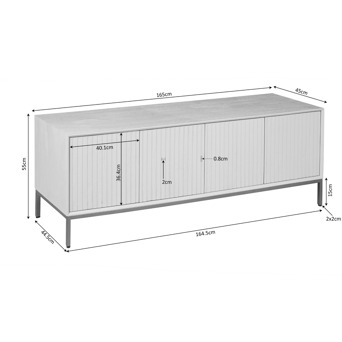 Tv-meubel met twee frontdeuren, verticale ribbels, lichte houtlook en zwarte poten.