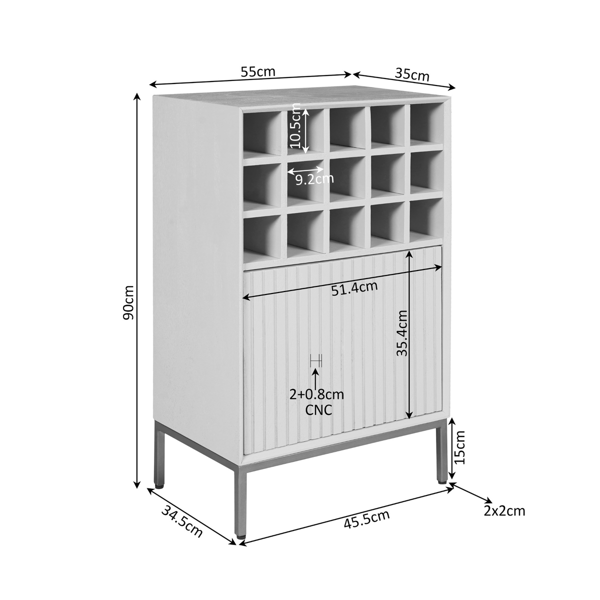 Afmetingen van wijnkast: 55 cm breed en 90 cm hoog, met 2,0 cm dikte en cm-labels.