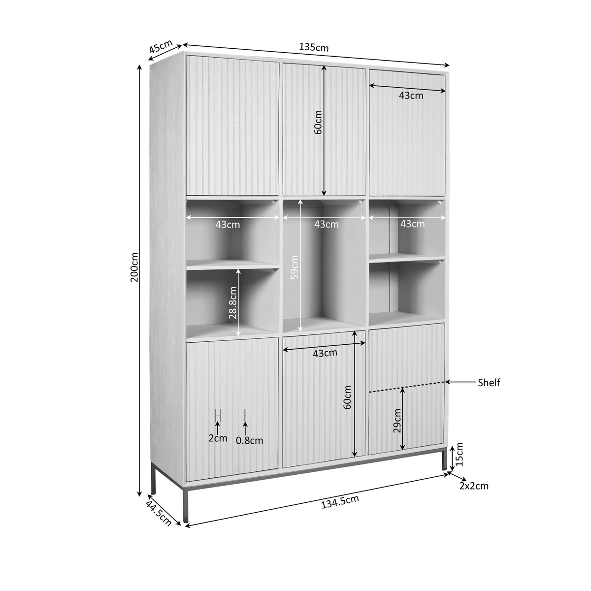 Technische tekening vakkenkast: 135 cm breed, 200 cm hoog, 45 cm diep.