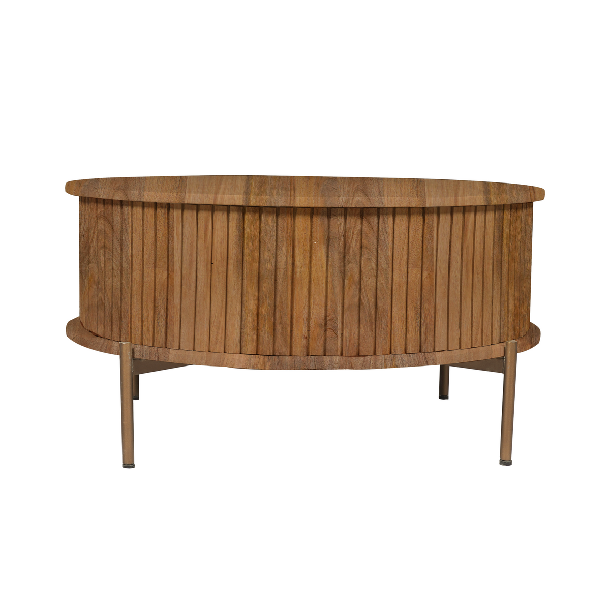 Ronde salontafel van hout met lattenrand, korte poten en naturel afwerking.