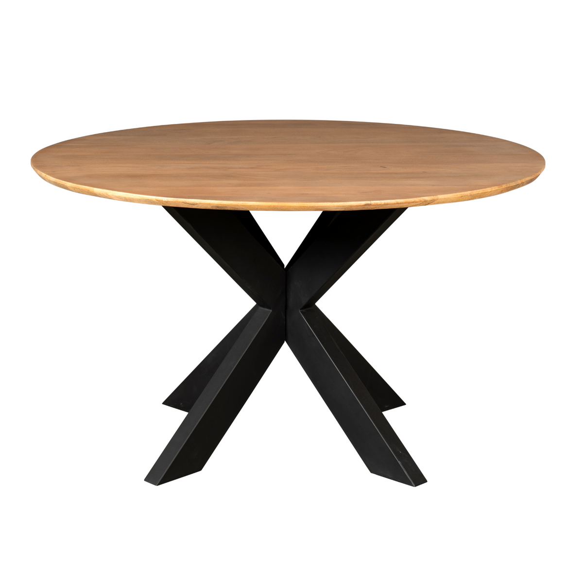 Ronde eettafel met licht houten tafelblad en zwarte kruisvormige pootstelling
