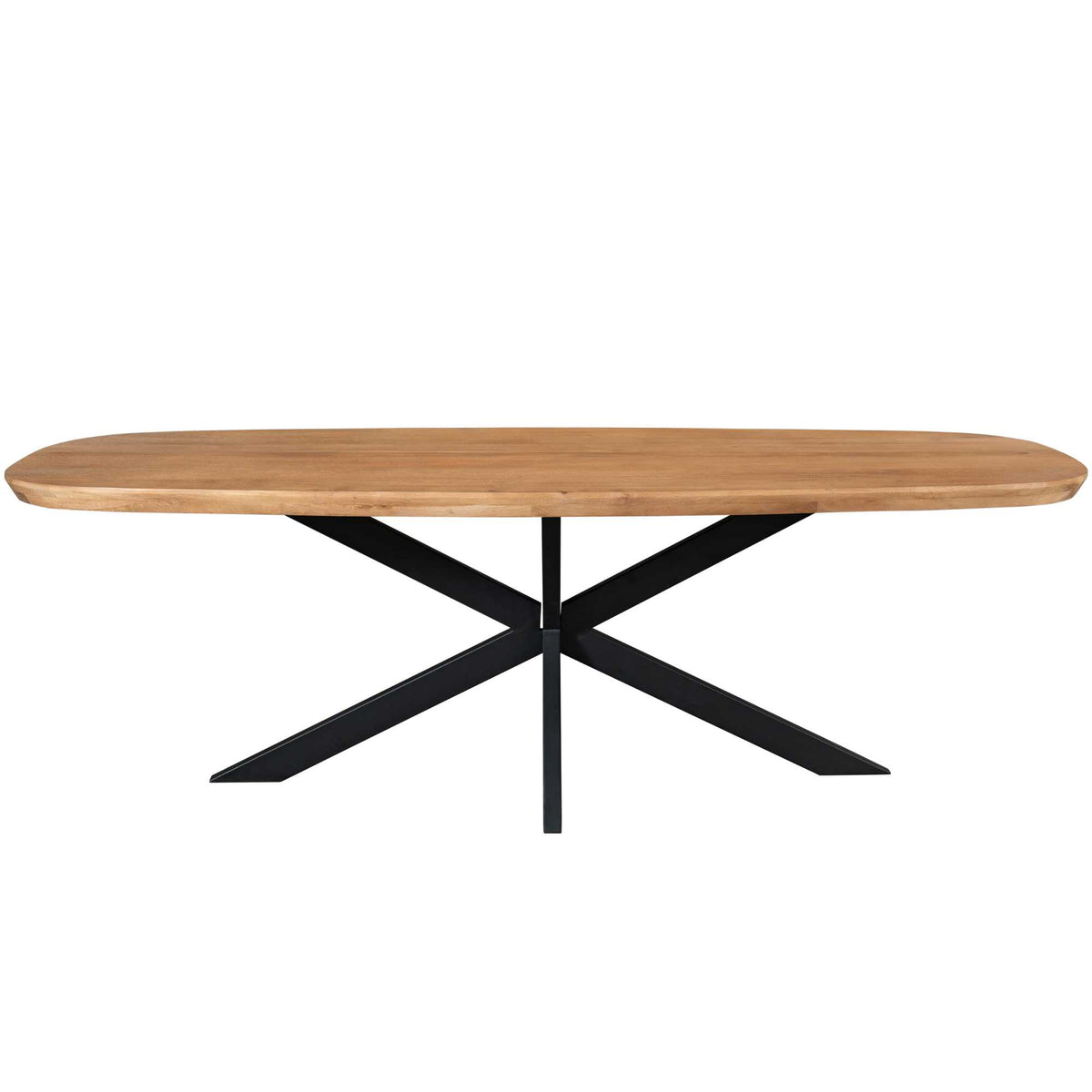 Ovale eettafel met naturel houten blad en zwart metalen X-onderstel
