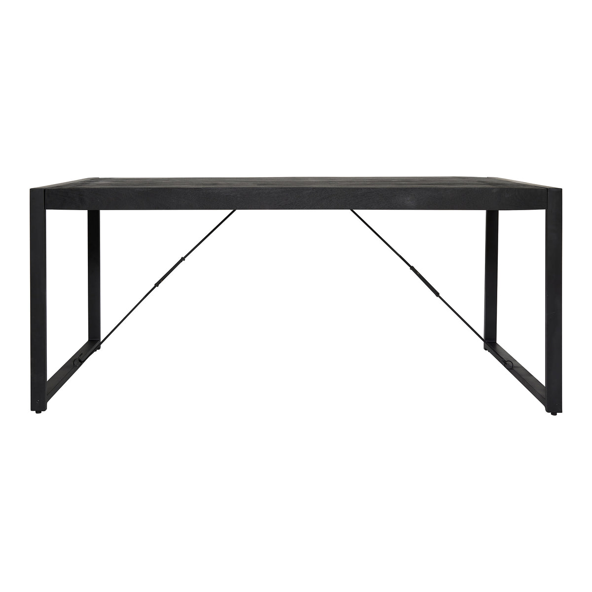 Zwarte eettafel met zwart metalen frame, poten en schoren onder het blad.