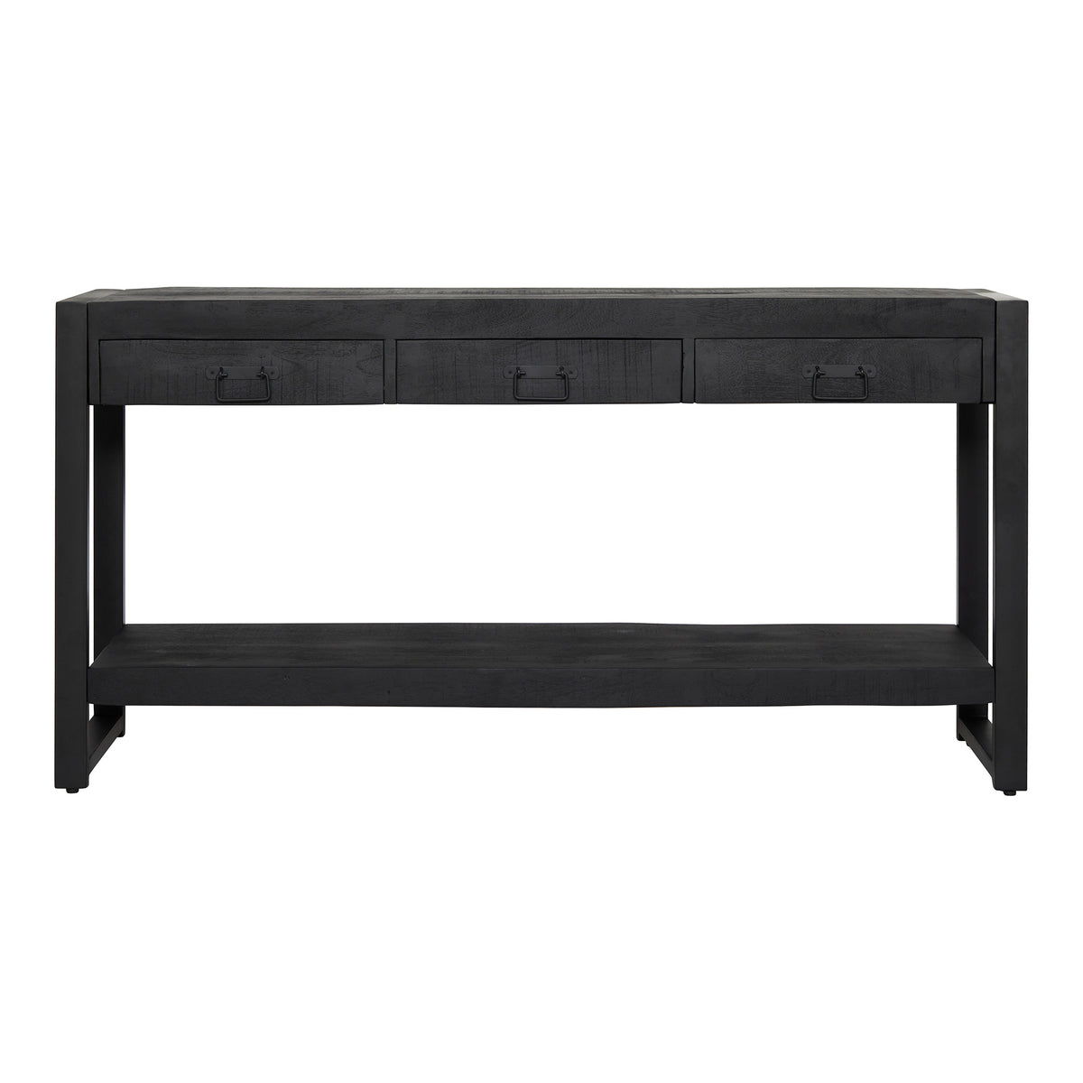 Zwarte sidetable met drie laden, open middenruimte en houten bovenblad