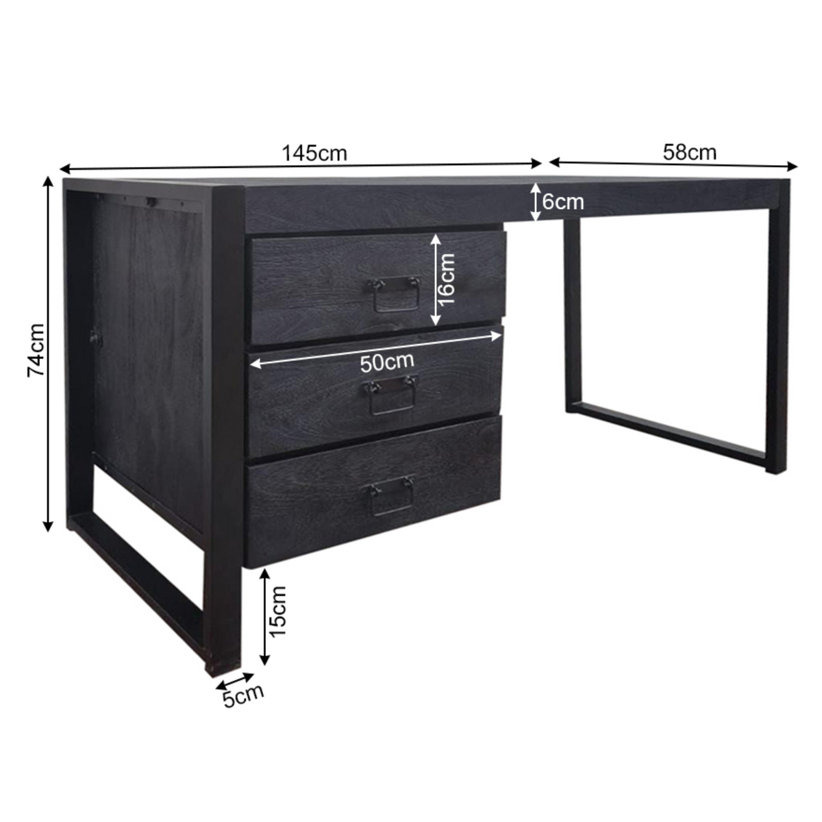 Bureau-afmetingen: 145 cm breed, 58 cm diep, 74 cm hoog