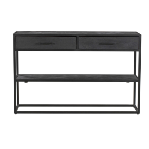 Sidetable console met 2 lades, open plank eronder en zwart metalen onderstel