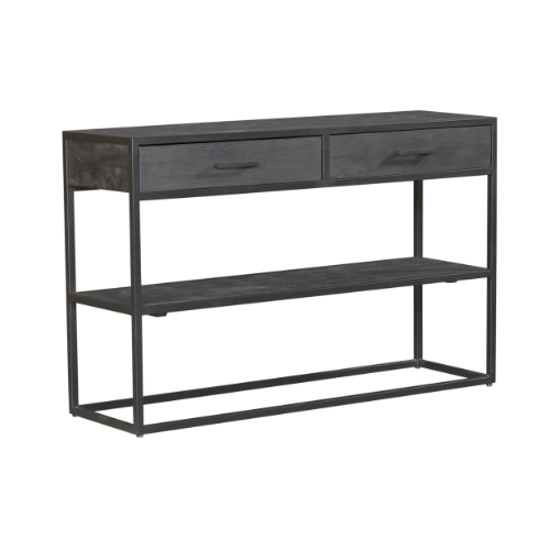 Sidetable met 2 lades en open plank, donker hout met zwart metalen frame