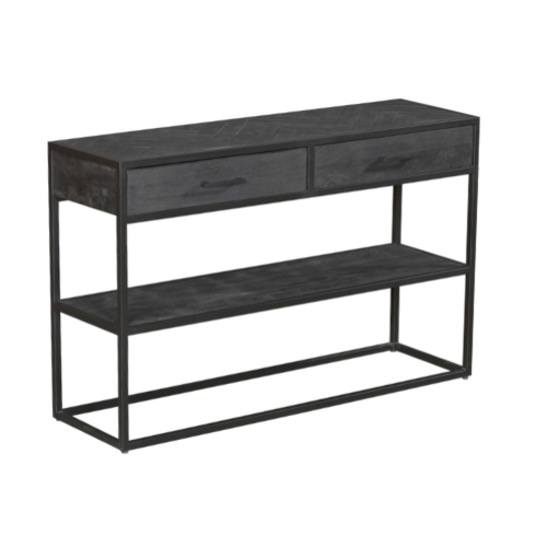 Sidetable zijaanzicht: 2 lades en open plank, donker hout op zwart metalen frame