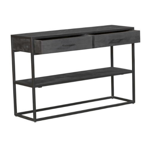Sidetable met 2 lades, open plank en donker houttop, zwart metalen frame