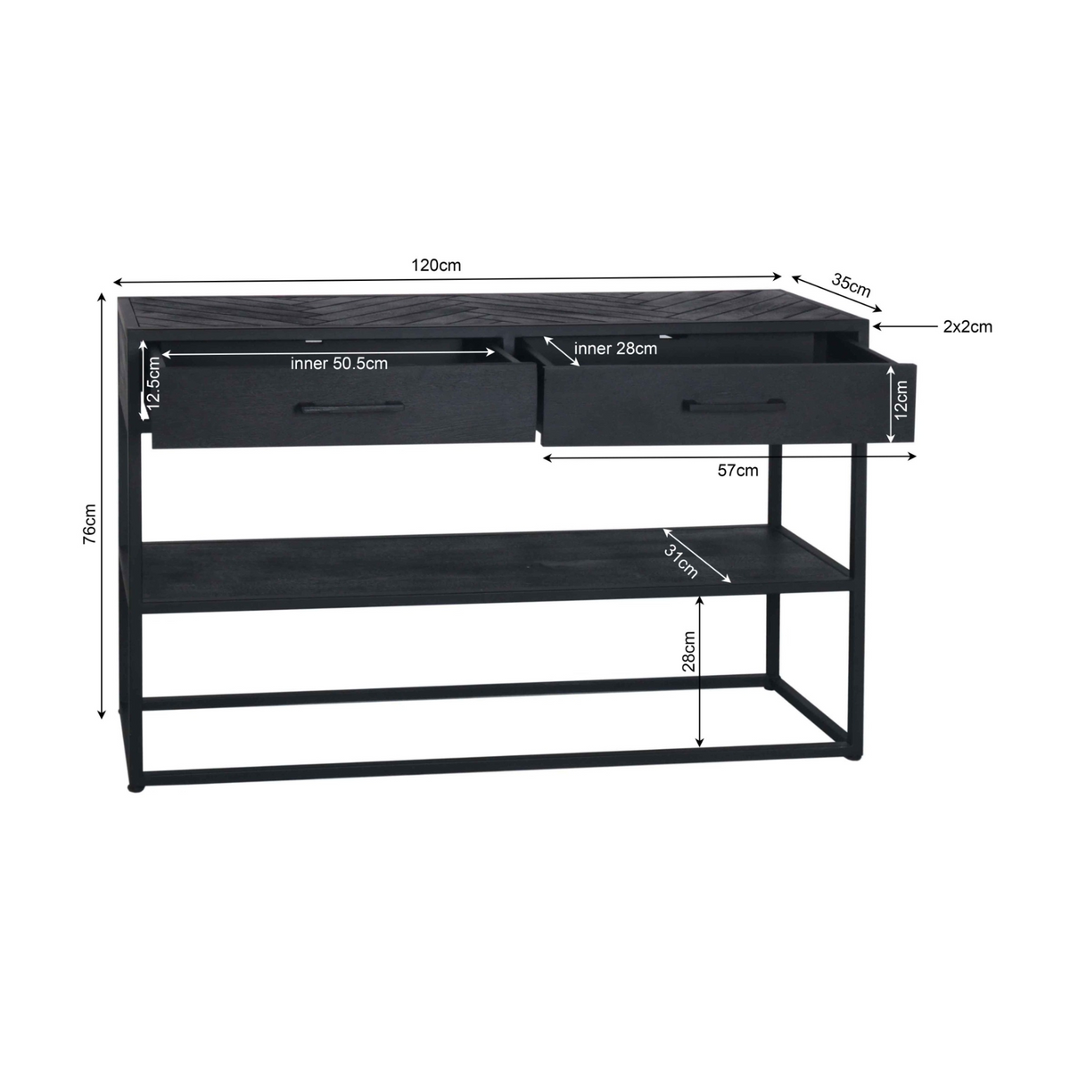 Sidetable afmetingen: 120 cm breed, 74 cm hoog, 2 lades en open plank