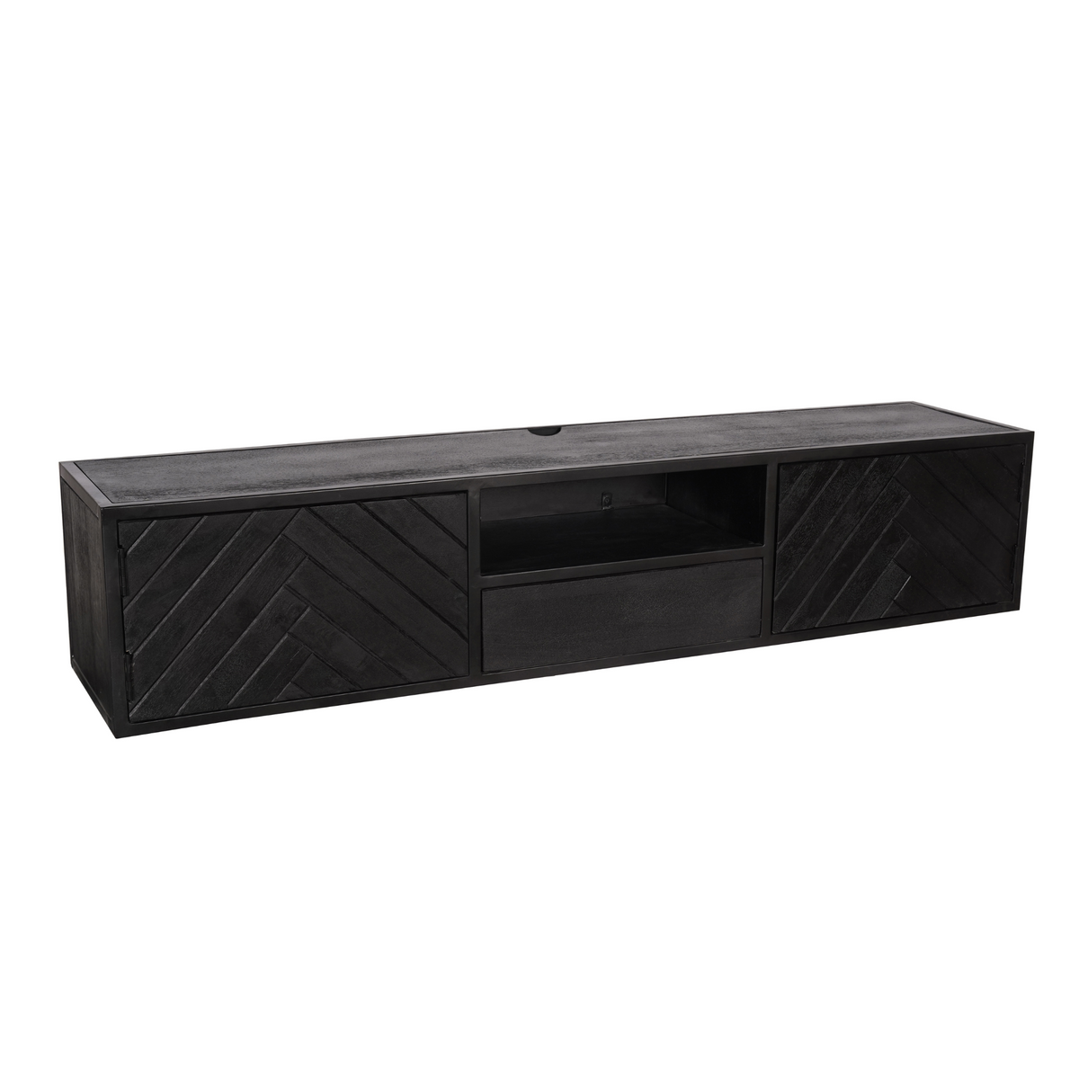 Zwevend tv-meubel donker hout met open middenvak en twee opberglades, schuine panelen.