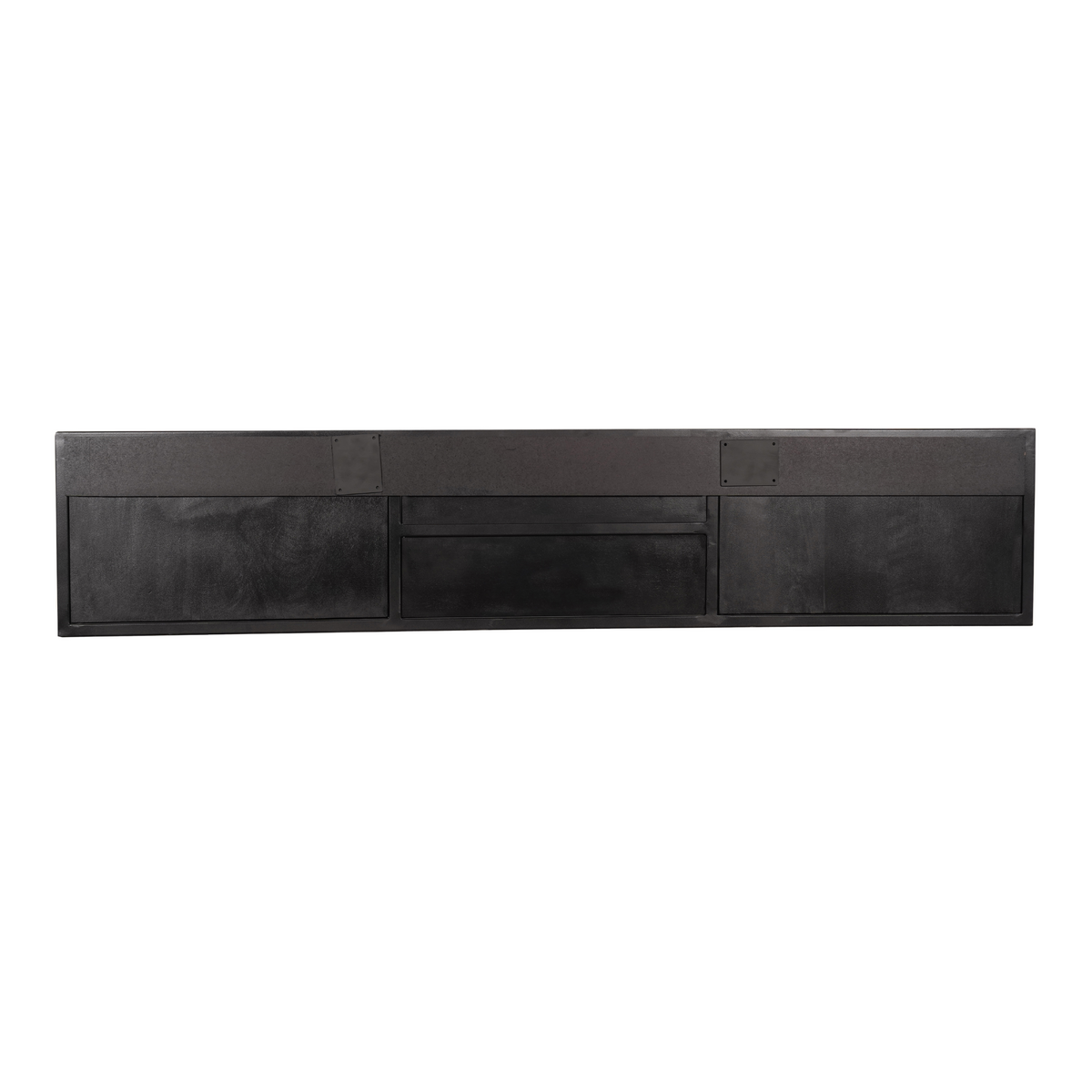 Zwevend tv-meubel donker hout met drie frontpanelen en centrale opbergruimte.