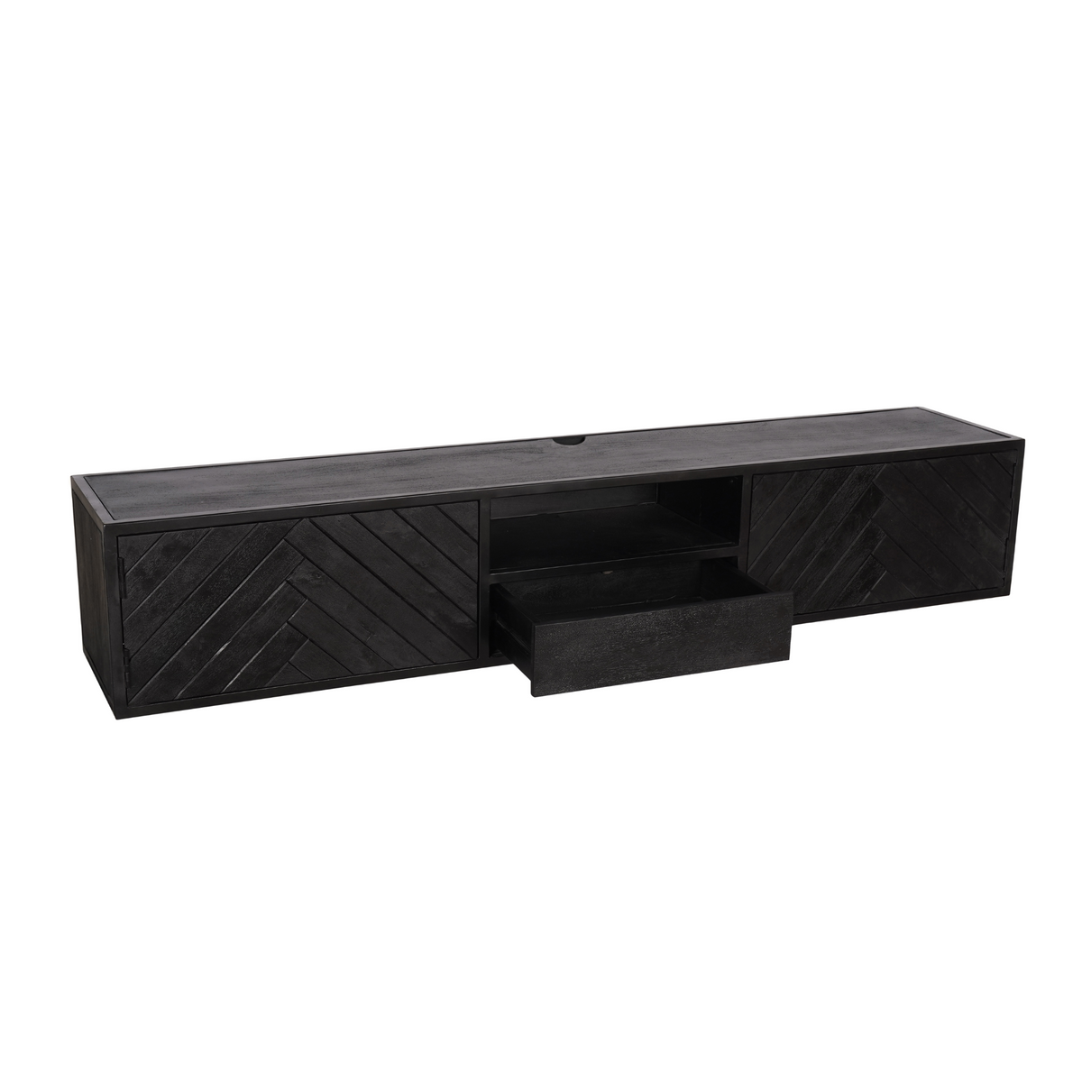 Zwevend tv-meubel New York met schuiflade en open midden, donker hout met bies