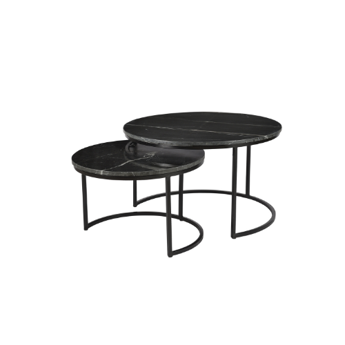 Set van 2 ronde salontafels met zwart marmerlook bladen en metalen frames