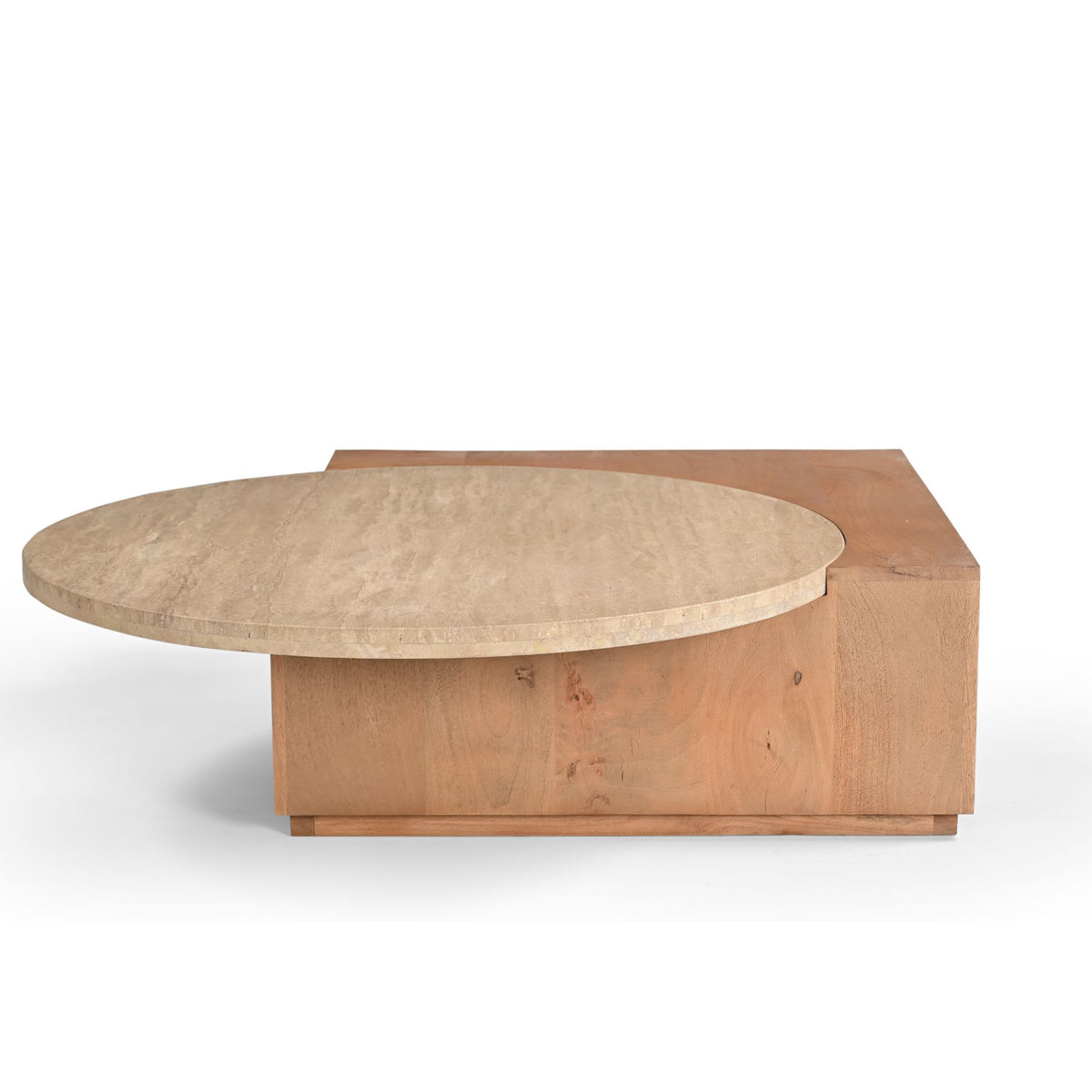 Travertin salontafel met rond blad van steen en houten box-onderstel in naturel.
