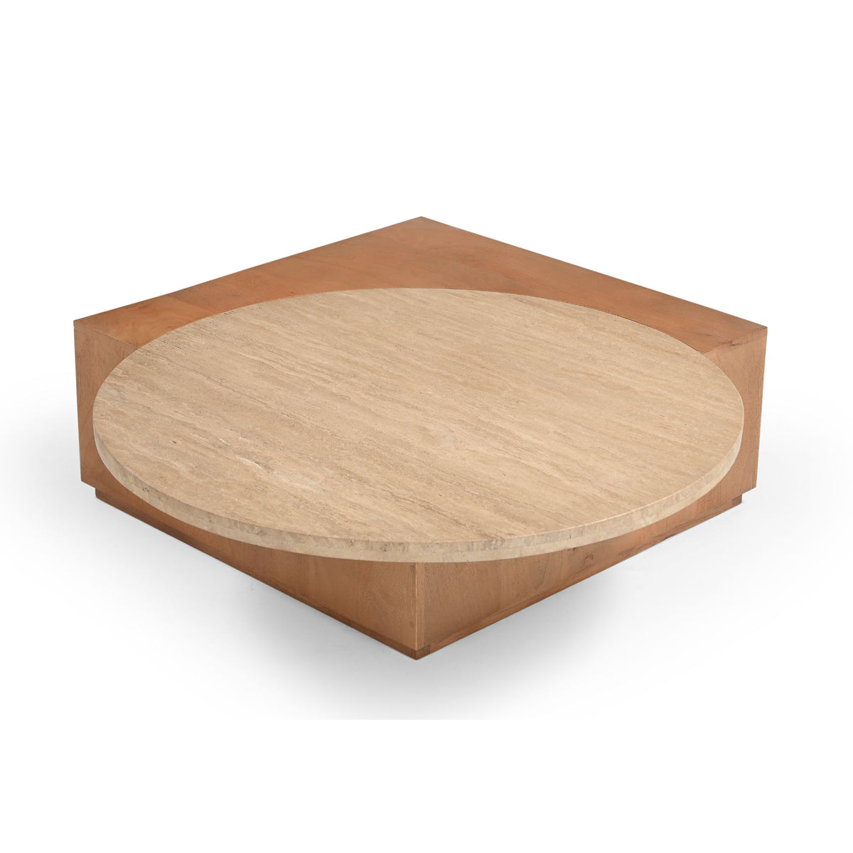 Travertin salontafel met rond steenblad en hoekig houten frame.