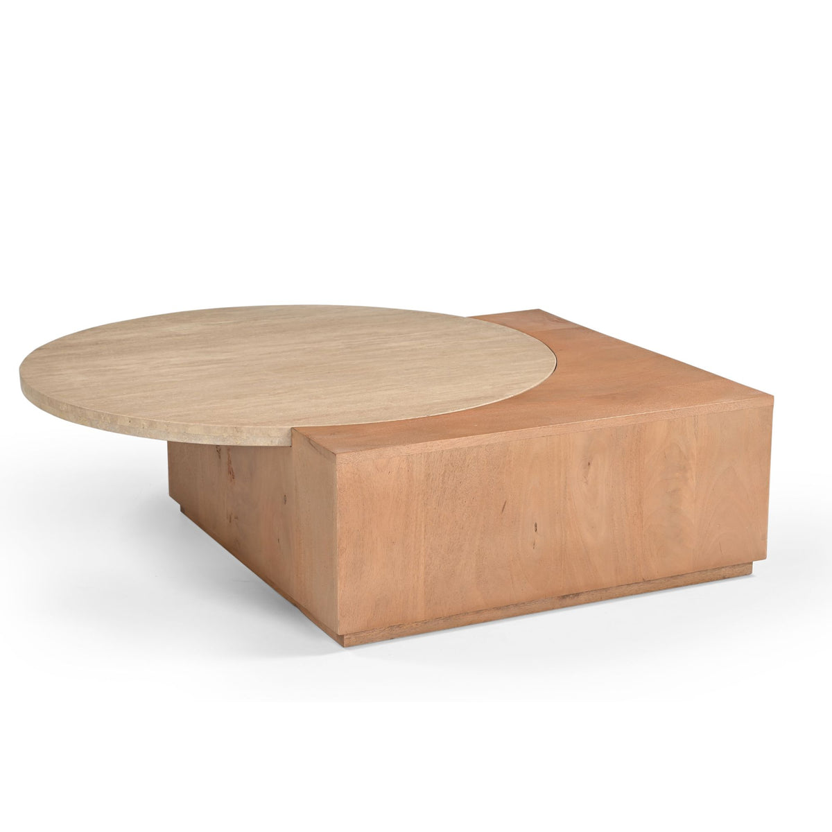 Travertin salontafel met rond steenblad en lage houten boxvoet.