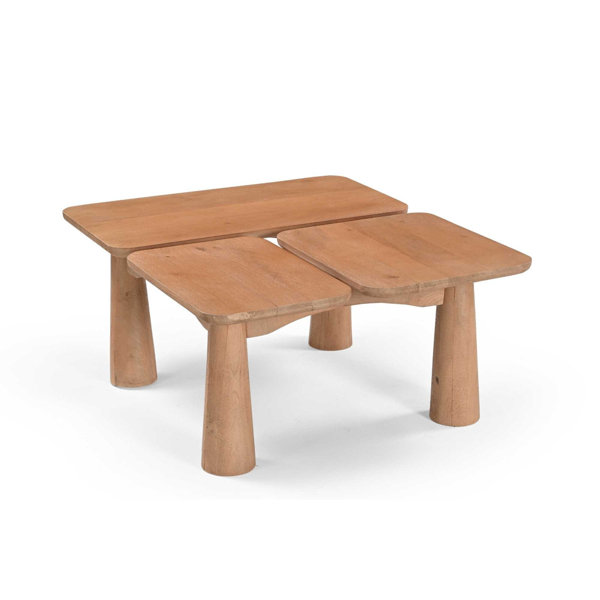 Houten salontafel met uitgeschoven bladdelen en afgeronde randen, lichtbruine houtkleur, 4 poten