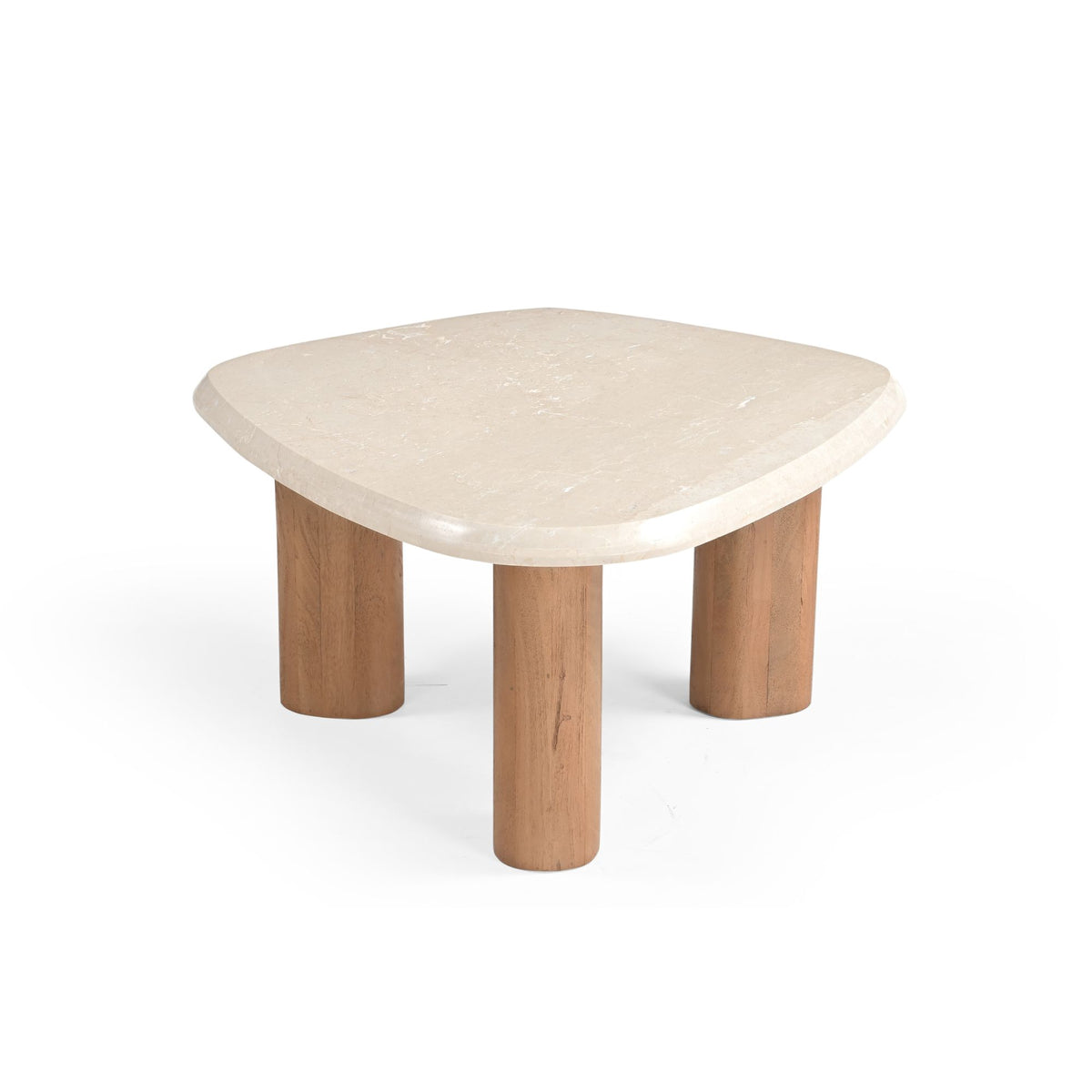 Ronde salontafel Nuvé met lichtbeige blad en houten poten, schuin aangezicht.