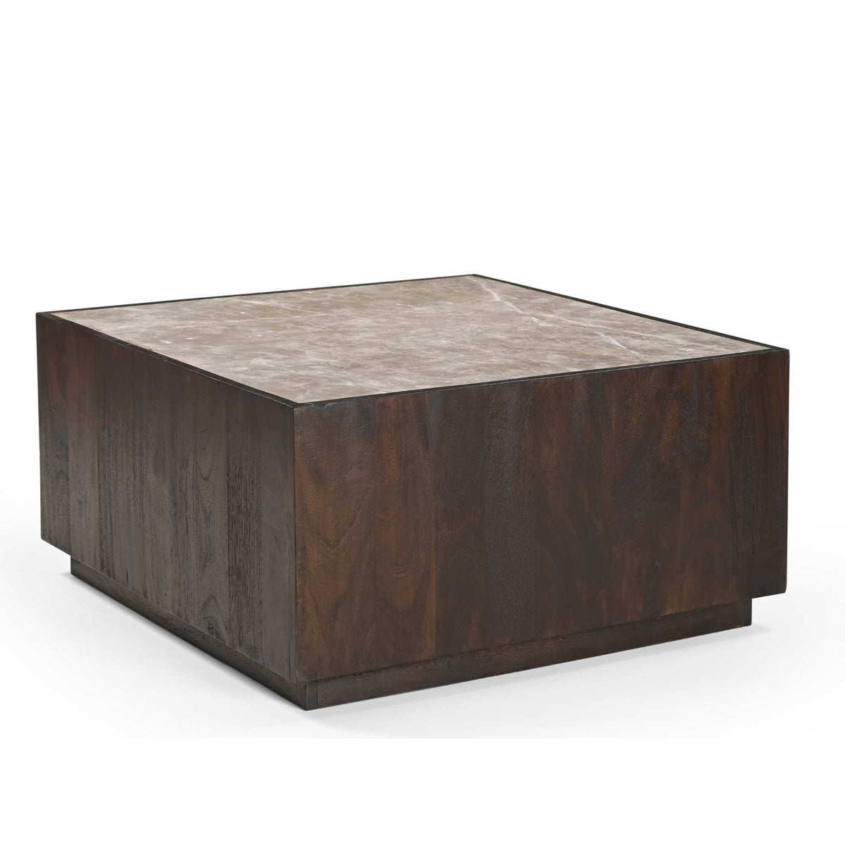 Salontafel met donkerhouten onderstel en beige marmeren blad, vierkante vorm.