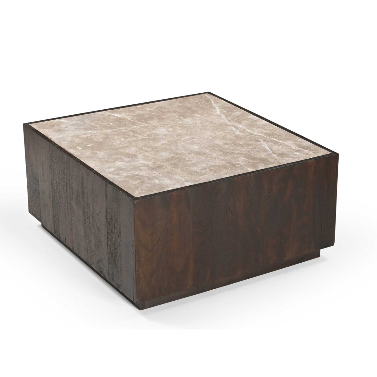 Vierkante salontafel met donkerhouten zijkanten en beige marmeren tafelblad.