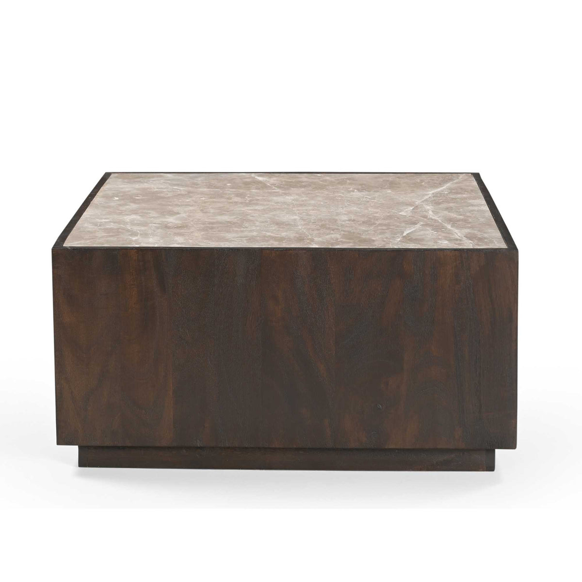 Salontafel met donker houten onderstel en licht beige marmeren blad, hoekaanzicht.
