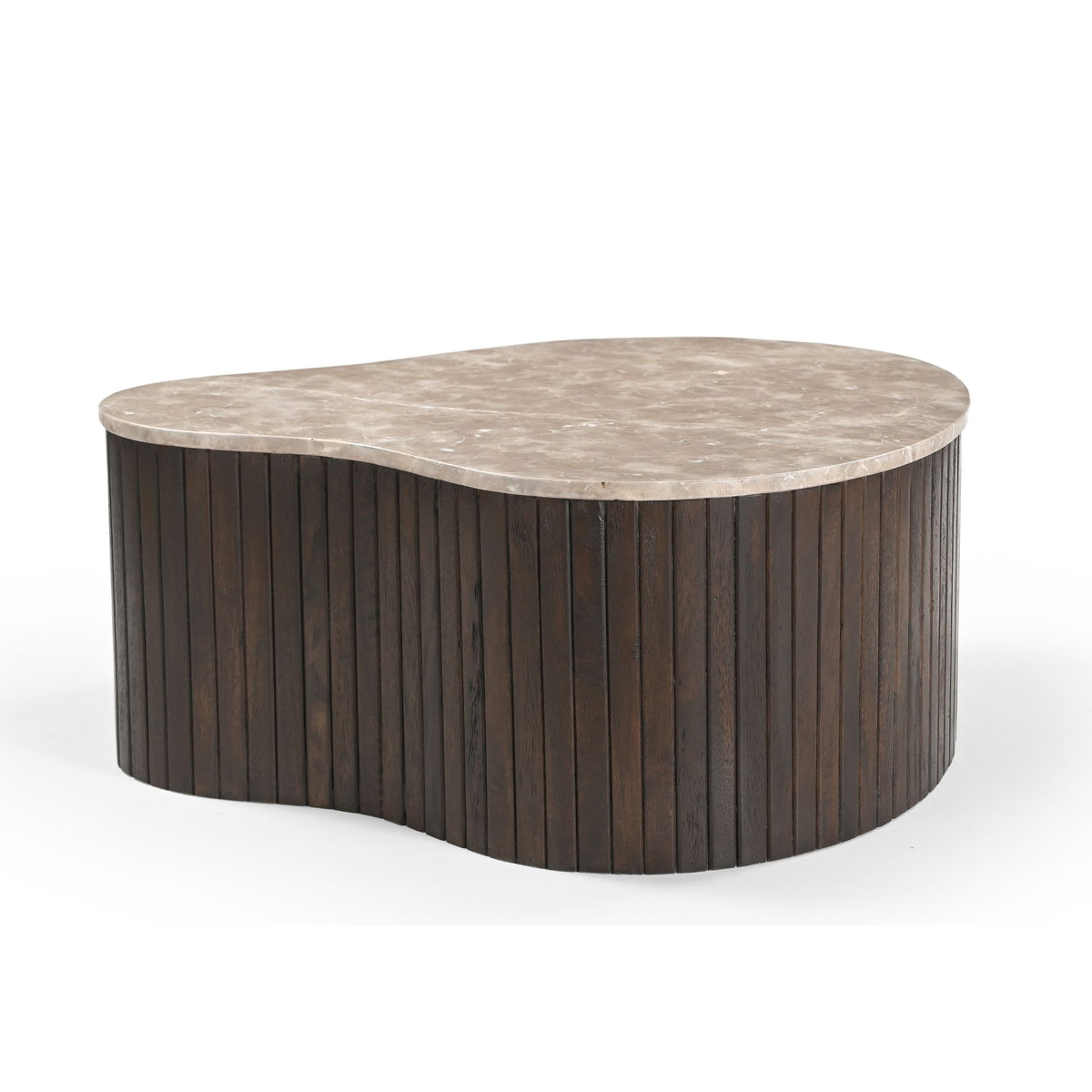 Salontafel met rond marmerlook blad en donkerhouten ribben aan de zijkant
