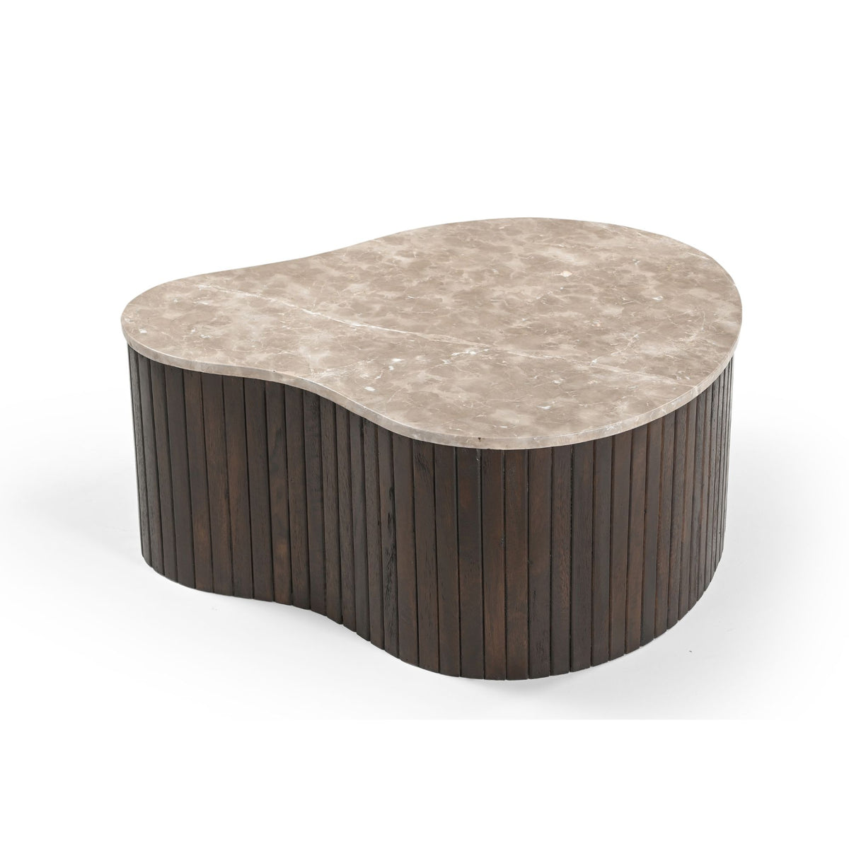 Salontafel met ovale hoekige vorm, marmerlook blad en donkerhouten ribben