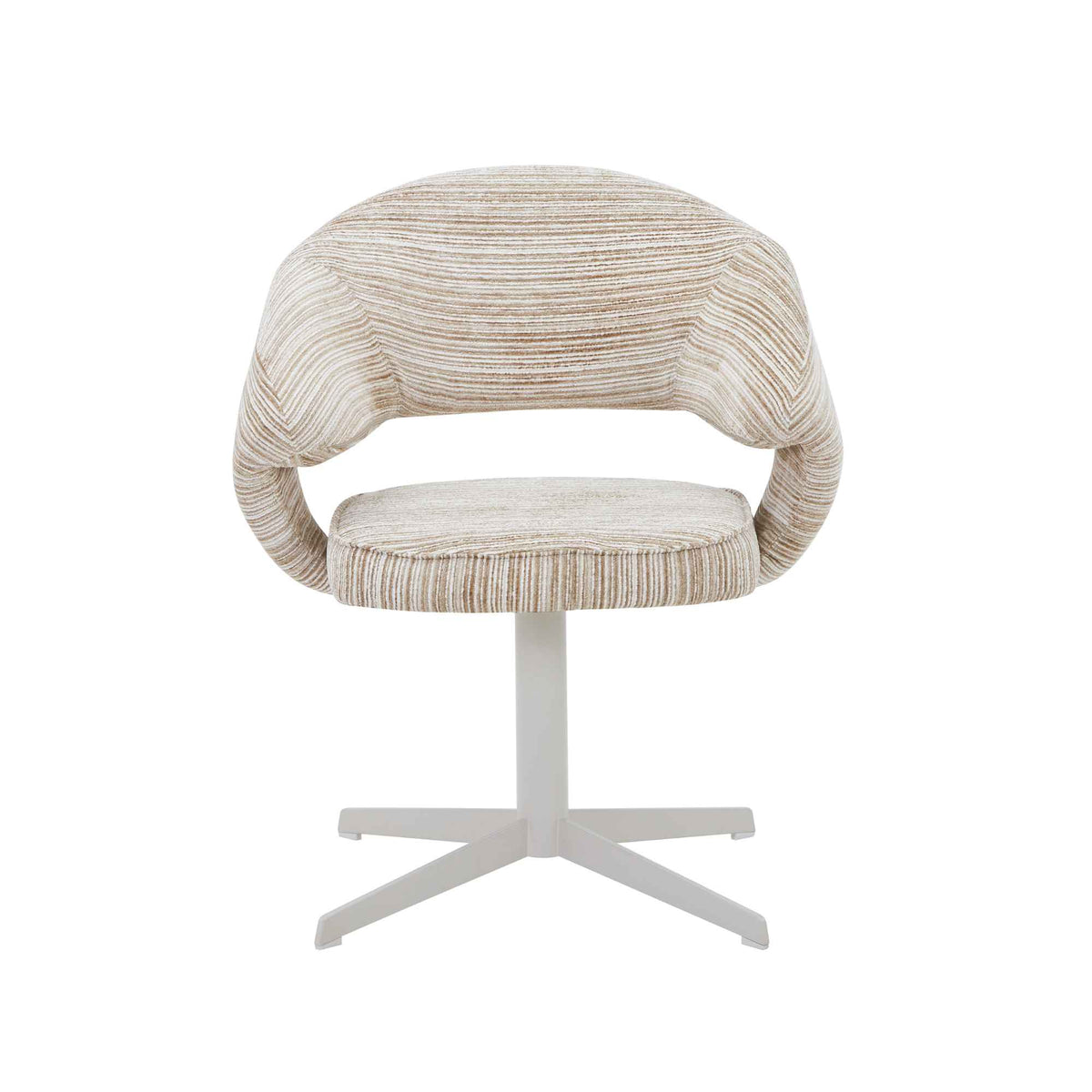 Draaibare eetkamerstoel met brede rug, beige gestreepte stof en wit onderstel met stervoet.
