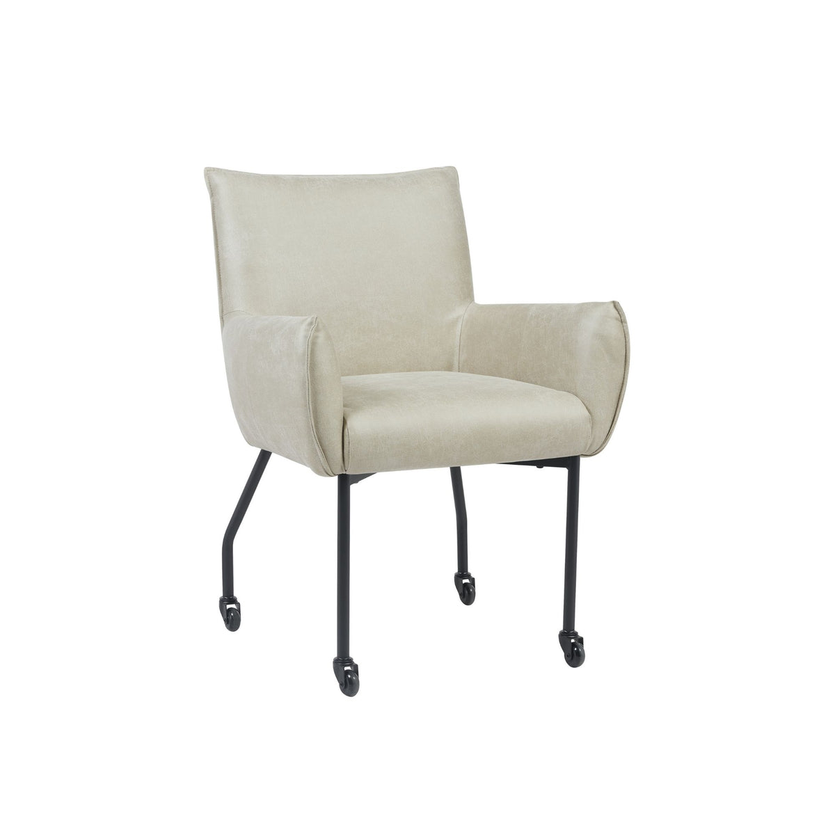 Eetkamerstoel met lichtbeige bekleding, hoge rug en zwart frame met wielen