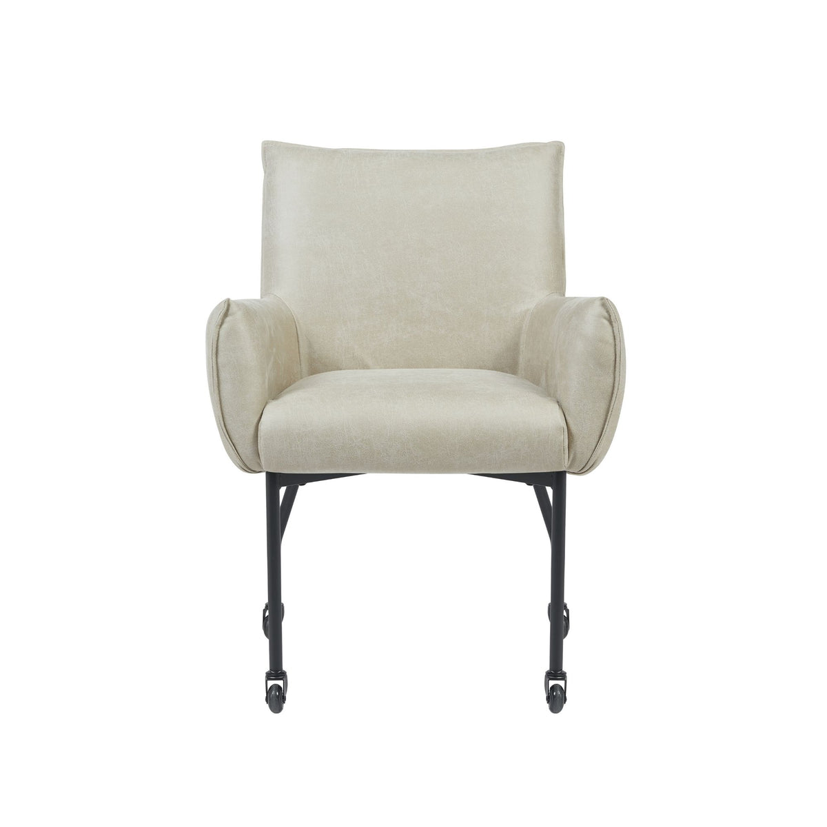Eetkamerstoel met hoge rug en lichtbeige bekleding, zwart onderstel met zwenkwielen