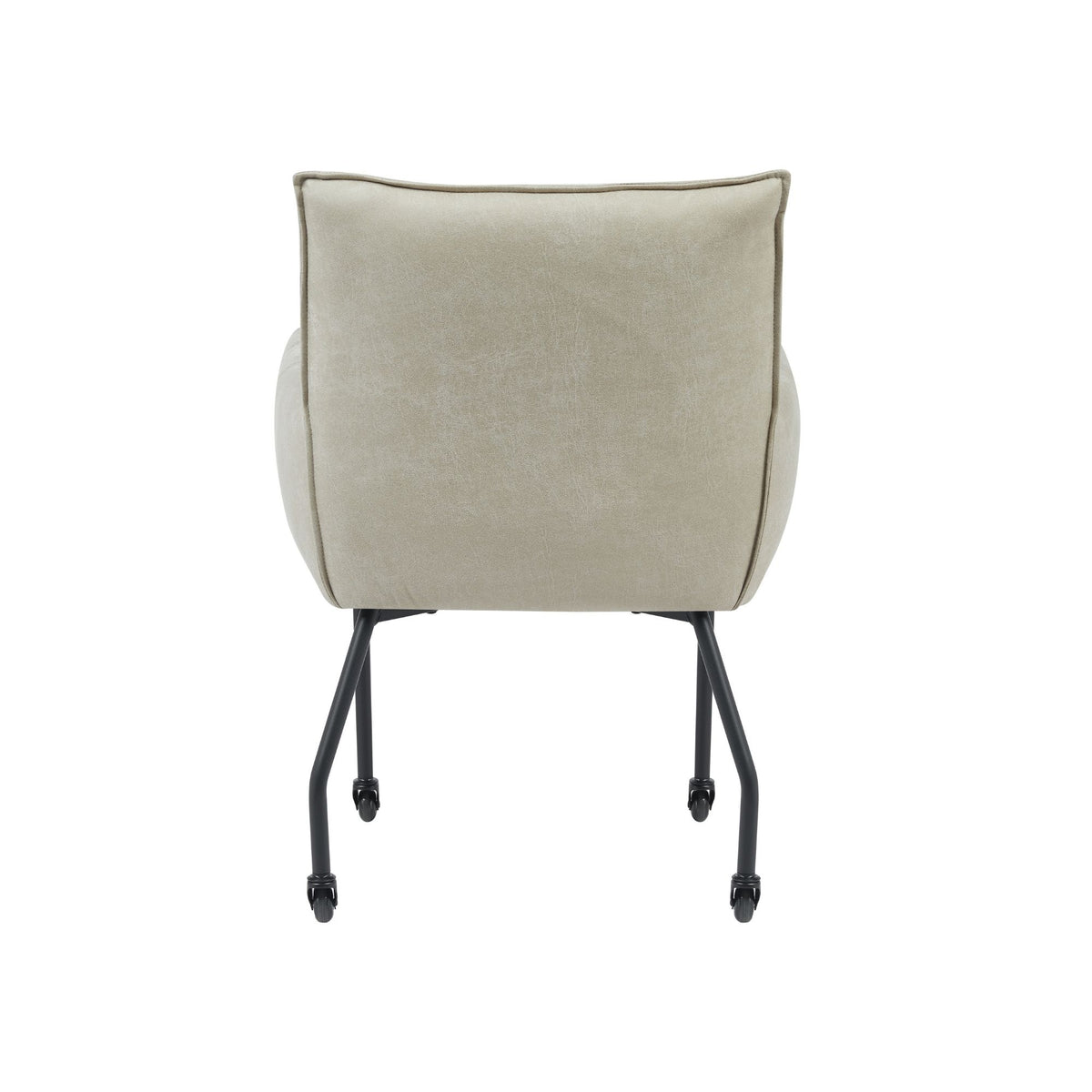 Eetkamerstoel met vierkante rug en lichtbeige bekleding, zwart onderstel met wielen