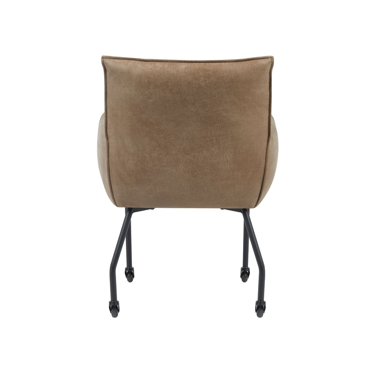 Beige-amandel eetkamerstoel met ronde rug, armleuningen en zwarte wieltjespoten.